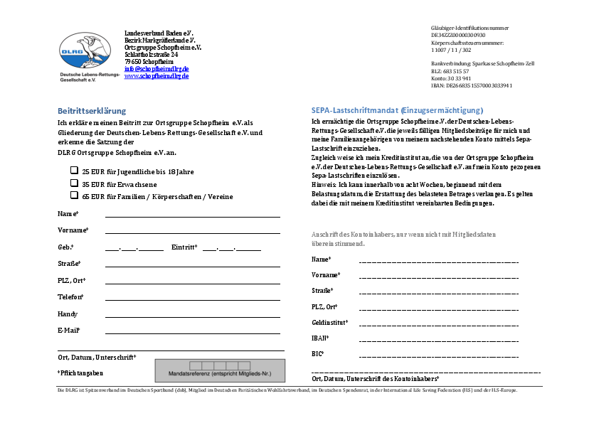 Beitrittserklärung DLRG Ortsgruppe Schopfheim